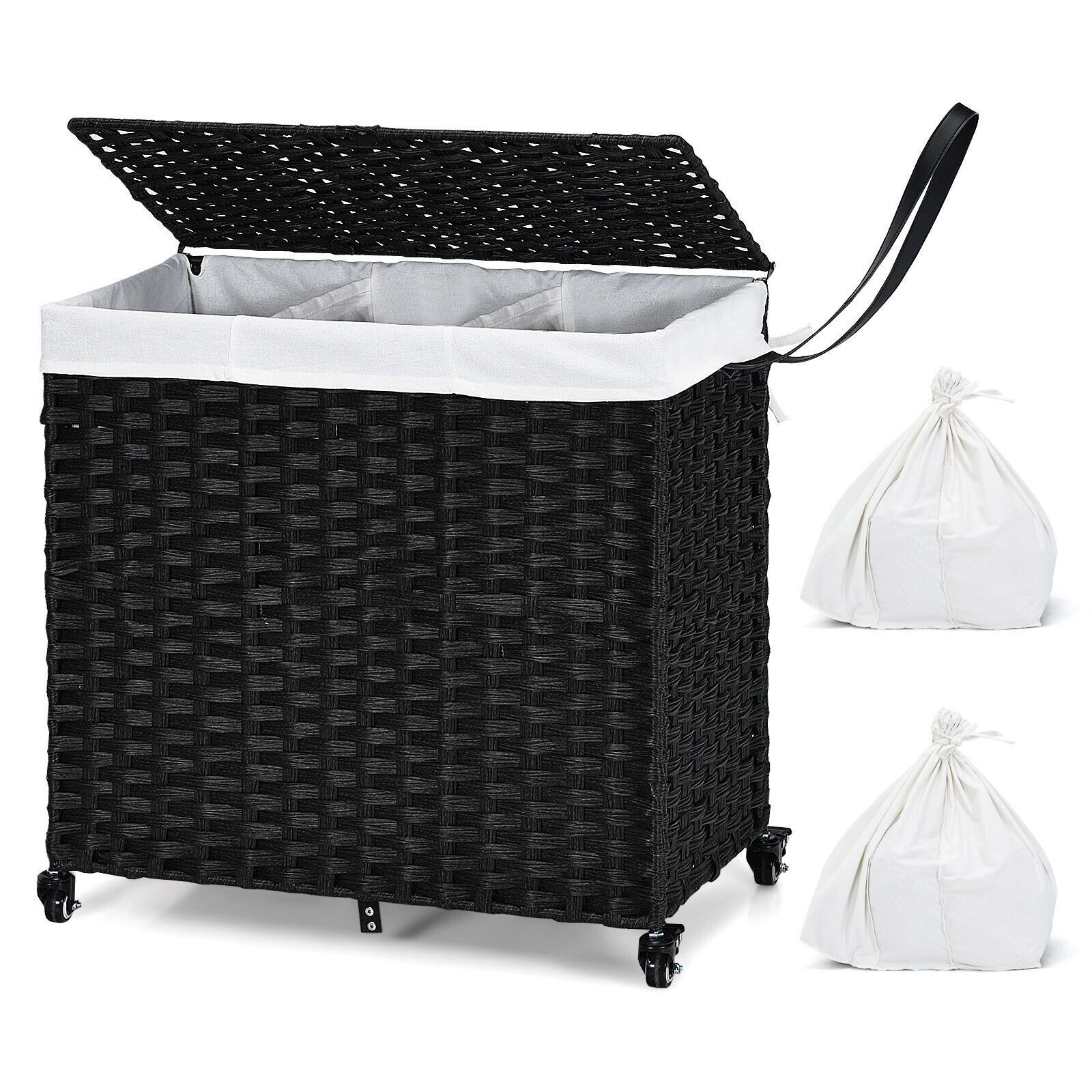 Primary image for Laundry Hamper w/Wheels & Lid, 125L 3-Section Clothes Hamper w/2 Liner Bags