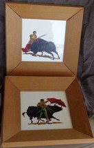 Set of Two Vintage Hand Painted Bull Fighting Artworks – Signed – Framed – VGC - $79.19