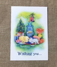 Vintage Holiday Card Puppy &amp; Kitten Christmas Tree Wood Stove Nostalgiacore - £4.57 GBP