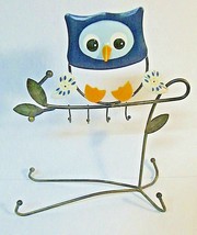 Blue Owl Tabletop Holder with Hooks Metal Painted Kitsch Bird - £13.55 GBP
