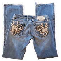 Miss Me Jeans Leather Embroidered Fleur de Lis Womens 29 Blue Low Rise B... - $29.38