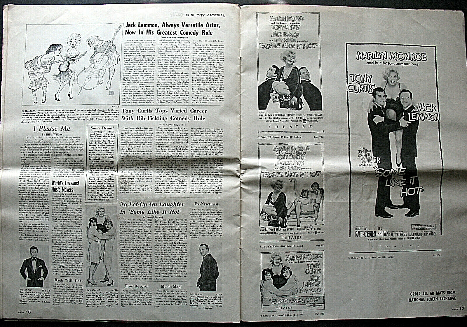 MARILYN MONROE:BILLY WILDER:DIR: (SOME LIKE IT HOT) ORIG,1959 MOVIE PRESSBOOK * Item image 10