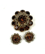 Vintage Brooch &amp; Earrings Set Rhinestone Amber Root Beer Round Flower Pr... - €43,77 EUR