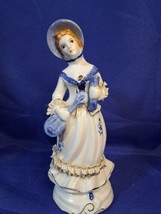 Vintage Ceramic Woman Figurine In Dress With Hat &amp; Scroll &amp; Musical Inst... - £18.27 GBP