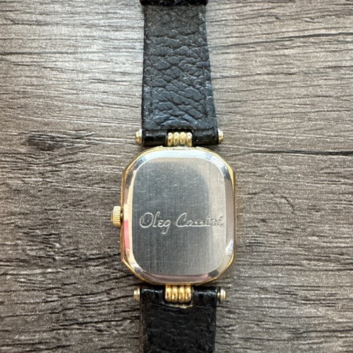 Oleg Cassini Watch Women Diamond Gold Tone Dial Black Leather Band Item image 3