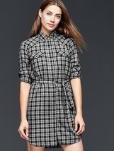 GAP Women Dark Gray Plaid Checks Long Sleeve Button Tie Cotton Shirt Dress XS - £31.44 GBP