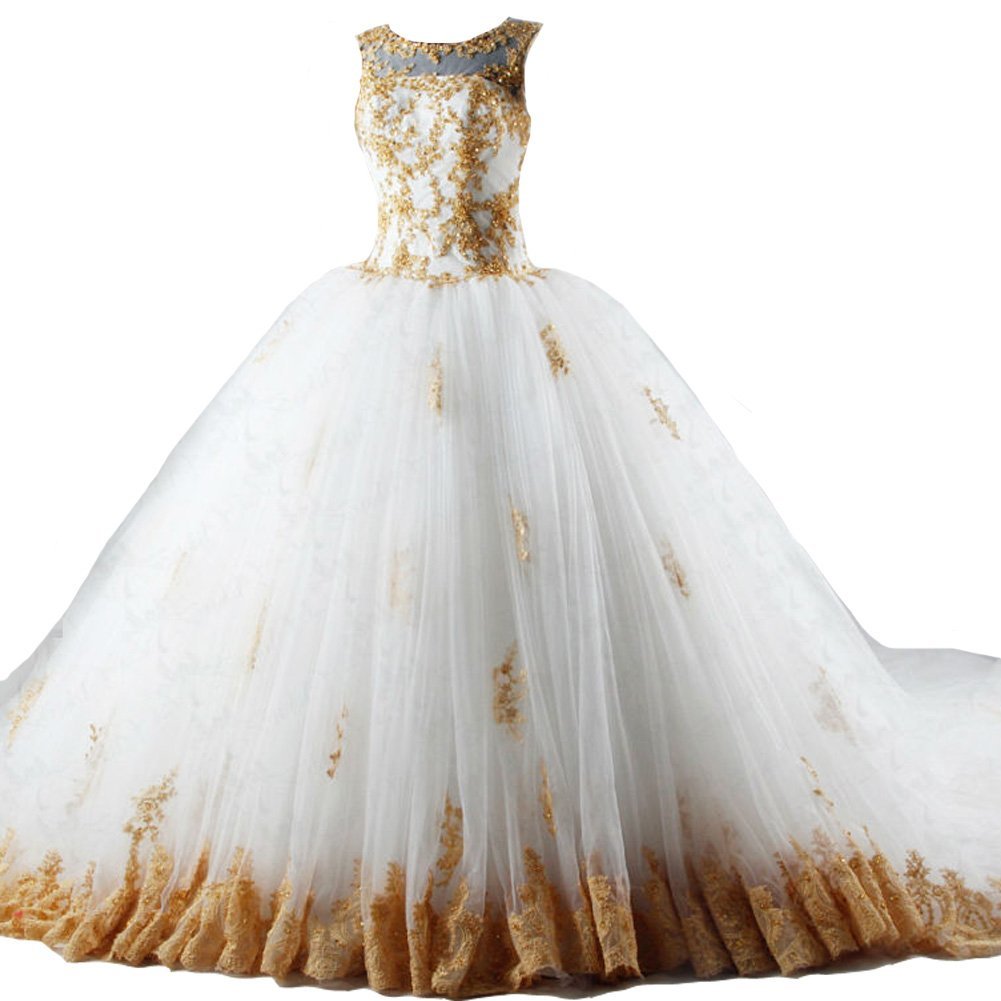 Kivary Sheer Bateau Long Ivory and Gold Lace Open Back Beaded Wedding Dresses US