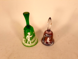 Antique Mary Gregory Glass Dinner Bells, 1 Green, 1 Red, 6&quot; and 5&quot; Tall - $24.00