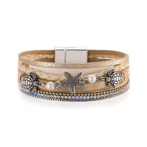 Golden Polystyrene &amp; Pearl Turtle Starfish Layered Bracelet - £11.08 GBP
