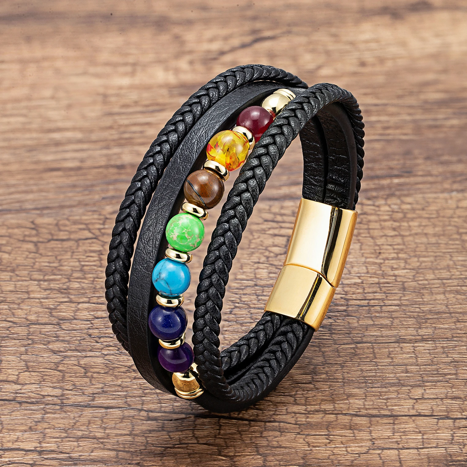 Play 7 Chakra Natural Stone Handmade Braided Leather Bracelets Men Women Colorfu - £23.05 GBP