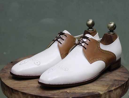 Men's Handmade Formal Shoes White Brown Leather Stylish Lace Up Dress