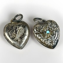 Vintage Pair Sterling Silver Puffy Heart Charms 2 Sided- Turquoise Flora... - £28.76 GBP