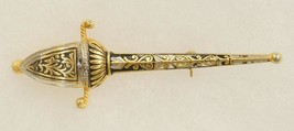 Vintage Costume Jewelry Gold Silver Enamel Damascene Cutlass Sword Brooch Pin - £19.50 GBP