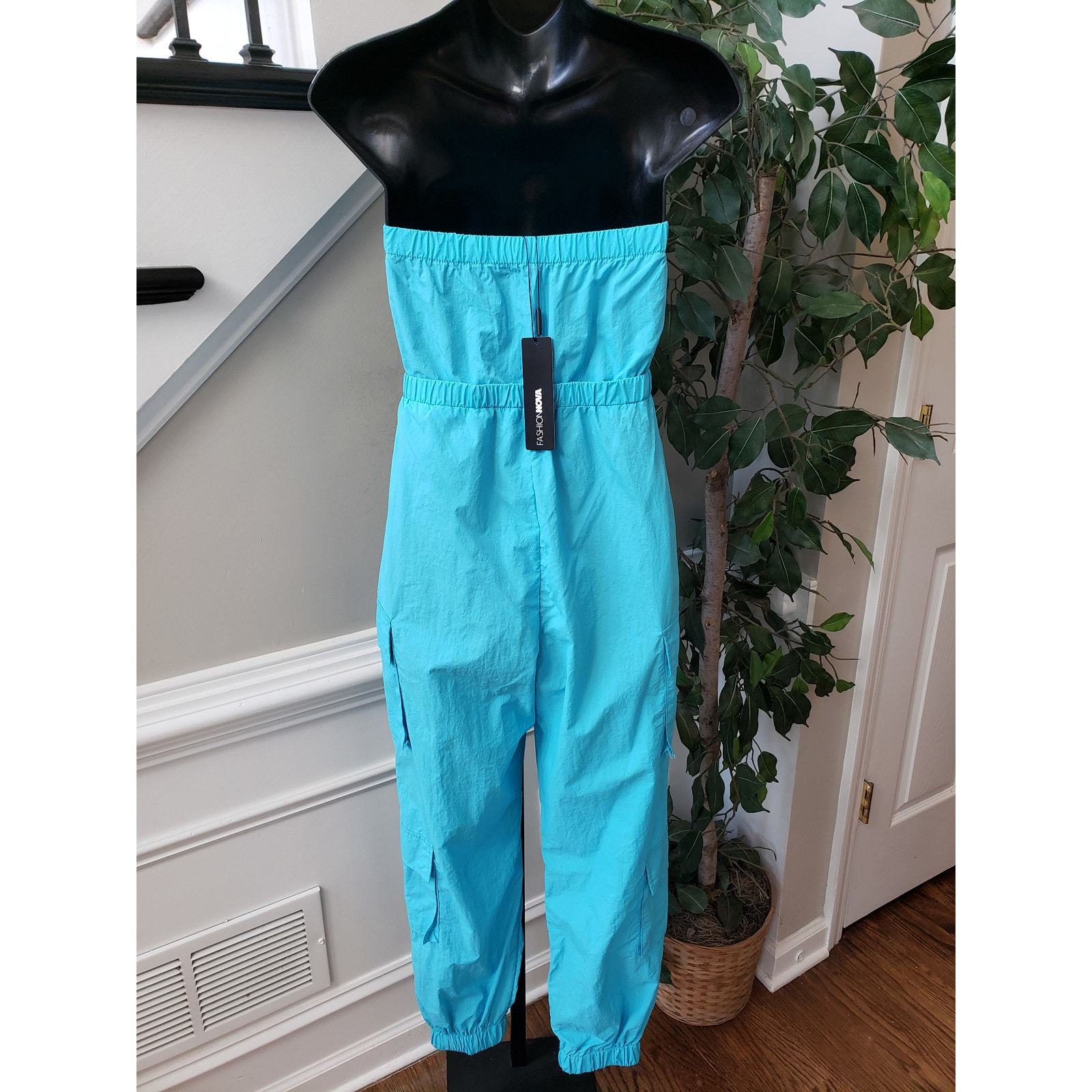 Fashion Nova Jumpsuit Womens S Blue Off Shoulder Pockets Tapered Leg Zip Front Item image 4
