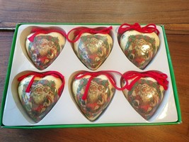 Vintage Set of 6 Paper Mache Heart Shape Santa Christmas Ornaments Taiwa... - $9.85