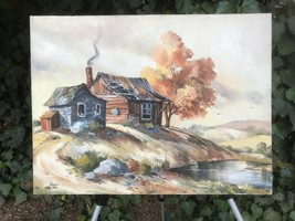 Linda Lee Original Mid Century Modern Rural Farm Landscape Signed Oil On Canvas - £358.11 GBP