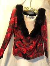 Boston Proper Stretch Knit Removable Black Faux Fur Collar Top Sz L Red Black - £27.61 GBP