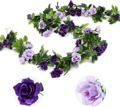 Veryhome 3Pcs 23.7Ft Artificial Purple Rose Flower Garland, Silk Hanging, Purple - £30.36 GBP
