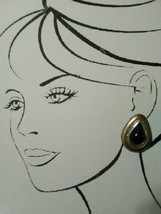 Vintage Fashion Clip Earrings Pear Shape Black Faux Gem Silvery Golden Frame - £11.51 GBP