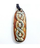  intertwined cat headed snakes and faces ceramic pendant on waxed black ... - £14.57 GBP