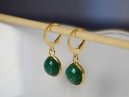 Gold hoop green jade earrings, Green gemstone pendant huggie earrings, Lever bac - £26.23 GBP