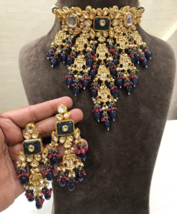 Indian Bollywood Style CZ AD Kundan Choker Necklace Earrings Blue Jewelry Set - £189.80 GBP