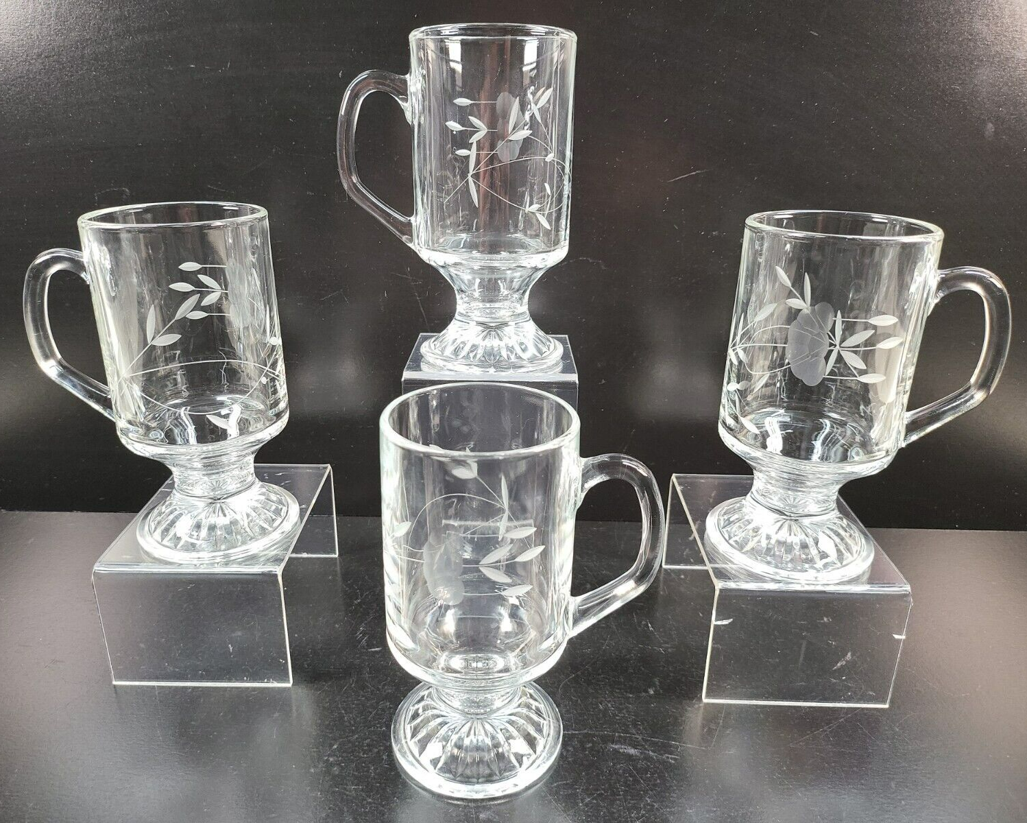 4 Princess House Heritage Irish Mugs Set Clear Floral Etch Cut Pedestal ... - $39.57