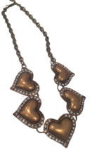 Vintage Gold Tone HEARTS Necklace Choker Clear Rhinestones 18&quot; to 21&quot; Adjustable - £13.26 GBP