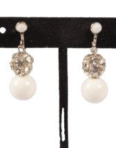 Vintage White Ball and Rhinestone Earrings Clip On Retro - $3.89