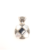 Sterling Silver Mother of Pearl Black Onyx Marcasite Square Pendant Nick... - £86.99 GBP