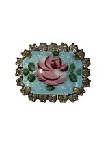 Vintage Enamel Rose Brooch Rhinestone Border Blue Floral Pin Cottagecore... - $17.10