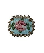 Vintage Enamel Rose Brooch Rhinestone Border Blue Floral Pin Cottagecore... - $17.10