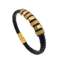 Black Braided Leather Men Bracelet Gold Stainless Steel Beads - £12.76 GBP