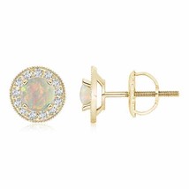 Natural Opal Stud Earrings with Diamond in 14K Gold (Grade-AAAA, 6MM) - £973.62 GBP