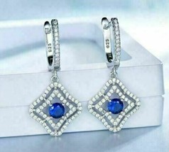 2Ct Simulated Blue Sapphire Drop/Dangle Earrings 14K White Gold Plated Silver - £79.11 GBP