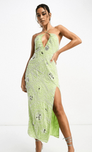 Asos Design Women 4 Halter Midi Dress Green Sequin Embellished Lace Up B... - $93.46