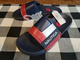 Nautica Bower Athletic Adjustable Slides Sandals, Mens Size 10 Navy White &amp; Red - £18.32 GBP