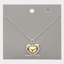 Silver Plated Double Heart Charm Pendant Necklace Two Tone Statement Jewelry - £26.59 GBP