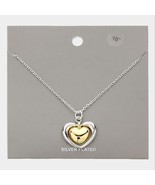Silver Plated Double Heart Charm Pendant Necklace Two Tone Statement Jewelry - $33.66