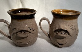 Pottery 3D Face  Handmade Art Clay Stoneware Funny Face Pair of Mugs TCR Mark - £15.75 GBP