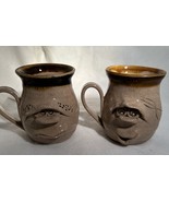 Pottery 3D Face  Handmade Art Clay Stoneware Funny Face Pair of Mugs TCR... - $19.75