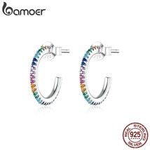 Rainbow Color Half Hoop Earrings for Women Real 925 Sterling Silver CZ Wedding E - £17.47 GBP