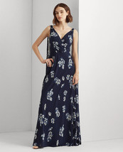 Lauren Ralph Lauren Sz 6 Georgette Floral Gown Long Dress Navy Cape Styl... - $89.09