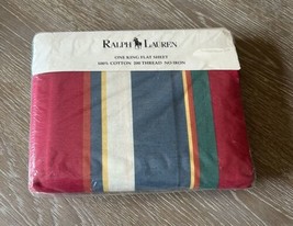 Vintage Ralph Lauren Cape Red King Flat Sheet White Blue Green Red Strip... - $98.99