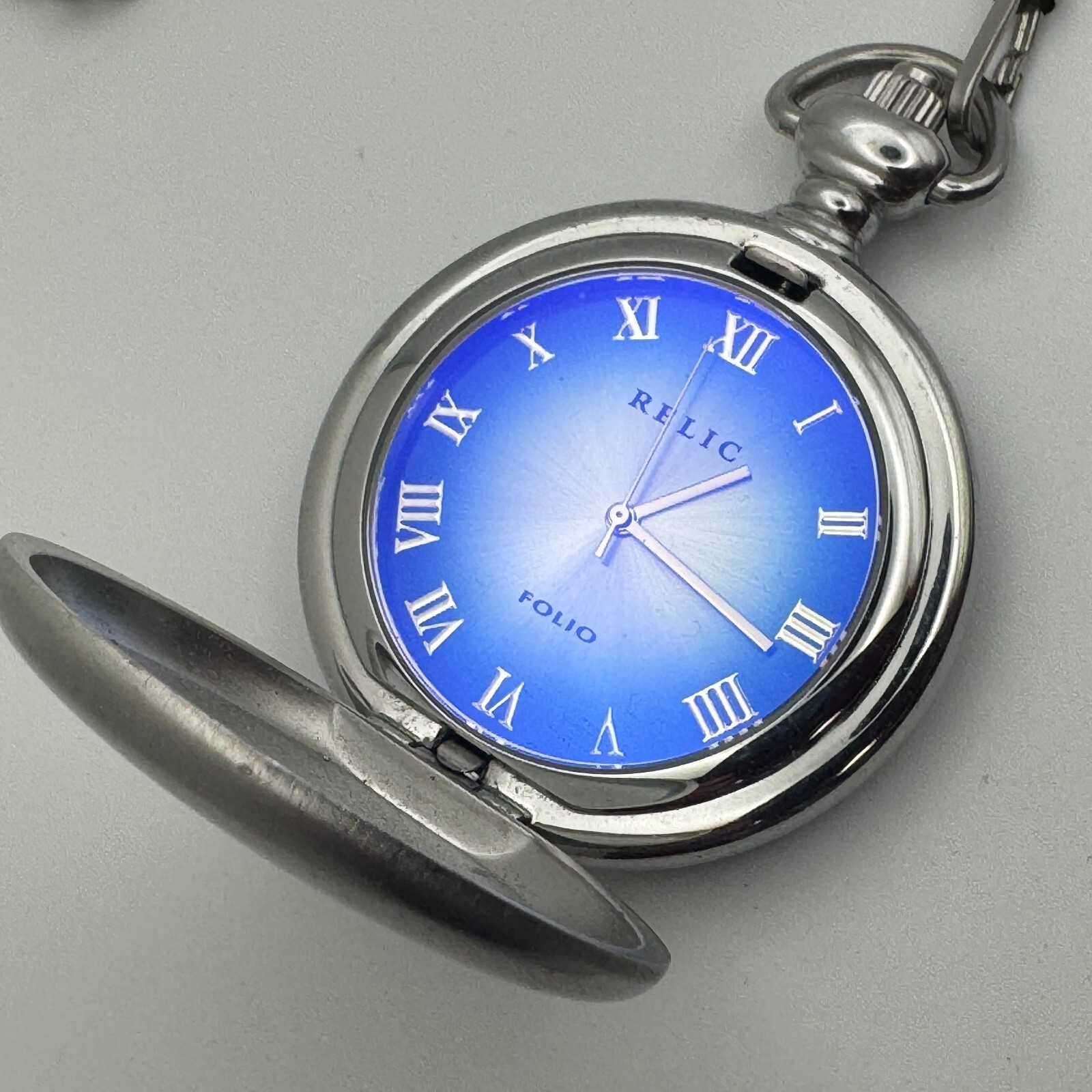 Relic Folio Pocket Watch Men Half Hunter Silver Blue Quartz Analog New B... - $28.49