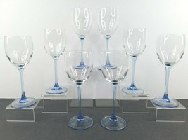 8 Luminarc Blue Stem Wine Glasses Set Vintage 7.75&quot; Elegant Cristal D&#39;Arques Lot - £94.72 GBP
