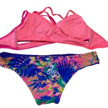 PINK Bikini Top Bottom Size Medium Tropical Pink Blue - £15.37 GBP