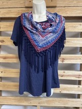 Style Co Blue Shirt With Built In Fringe Scarf Woman&#39;s Size M USA Red Wh... - $188.27 MXN