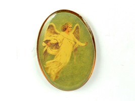 Vintage Lady&#39;s Oval Lapel Pin Brooch, Flying Angel, Acrylic Cover, Brass Base - £15.59 GBP