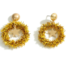 Gold Metallic Fuzzy Wreath Christmas Earrings with Gold Star Accents - £11.25 GBP